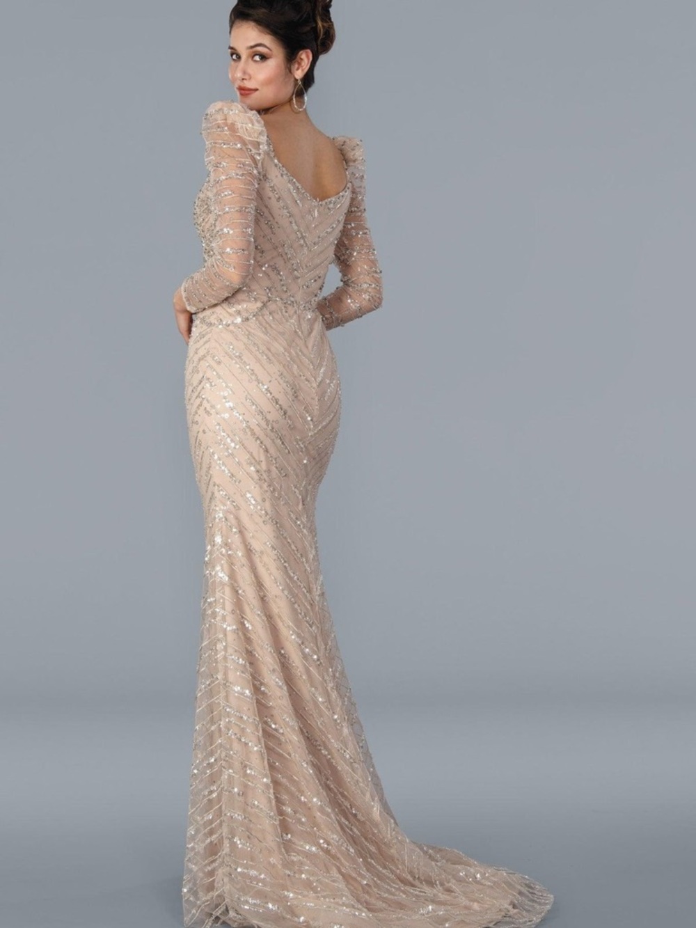 Sequin-Embellished Nude Long-Sleeve Evening Gown - Picture 2 of 2